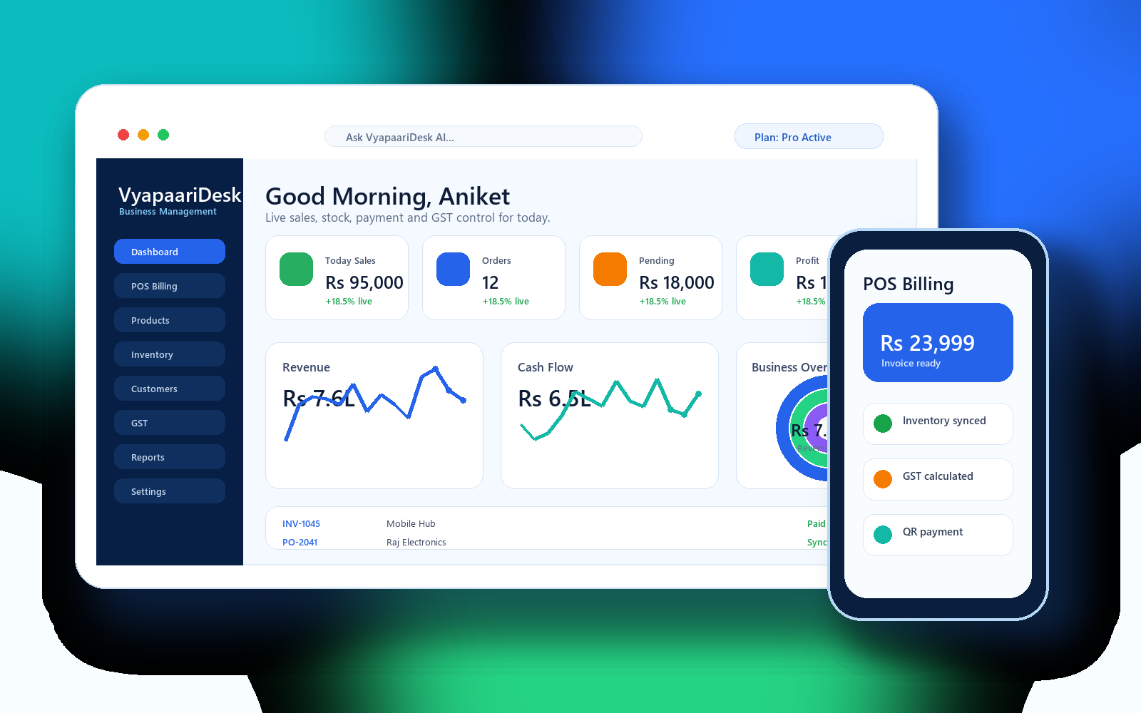 VyapaariDesk ERP dashboard with POS billing, inventory and mobile control